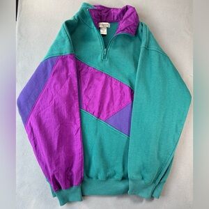 Vintage Womens Chaver 1980’s Purple & Green Pullover Half Zip Cotton Size Large